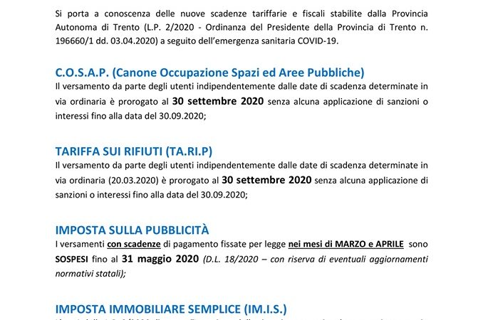 Comune di Pinzolo: Proroga scadenze imposte comunali