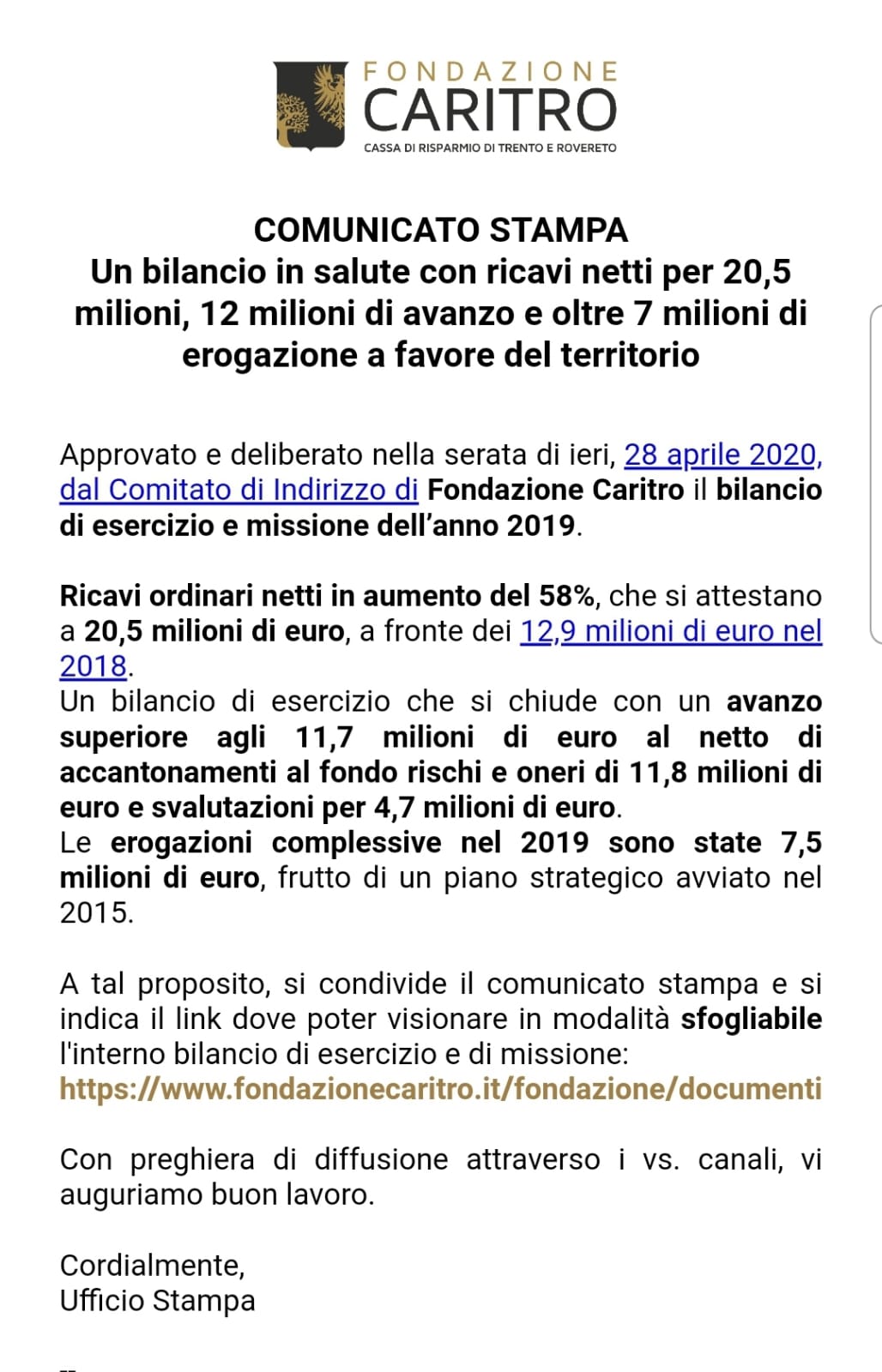 Comunicato Fondazione CARITRO