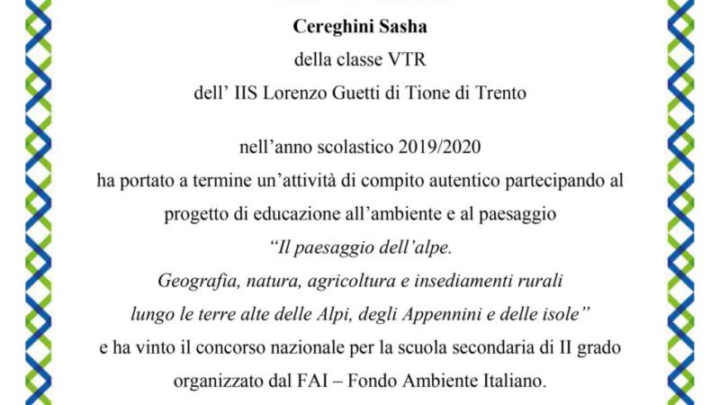 Sasha Cereghini vince il premio FAI Scuola