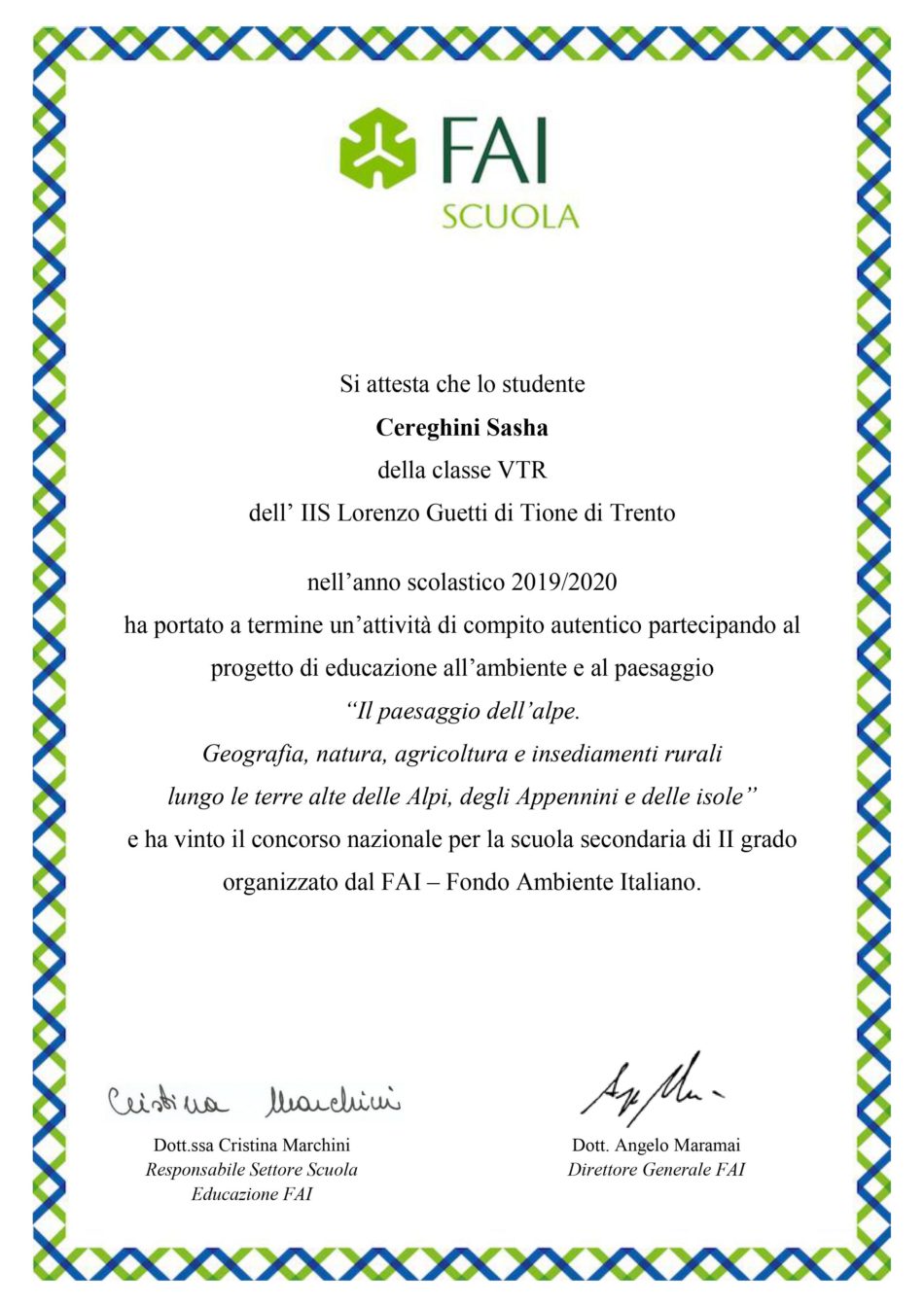 Sasha Cereghini vince il premio FAI Scuola