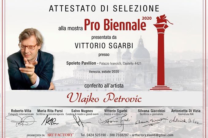 Attestato di selezione alla mostra Pro Biennale 2020 conferito all’artista Vlajko Petrović di Caderzone Terme