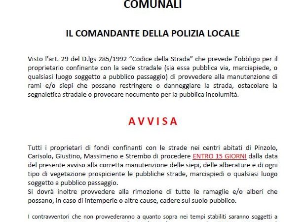 Taglio di rami e siepi prospicenti le strade comunali