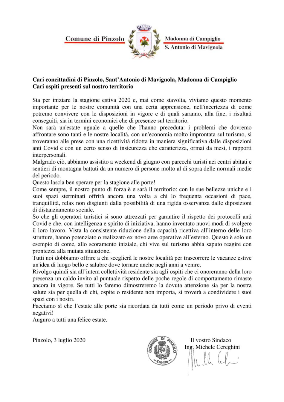 Cari Concittadini - Sindaco di Pinzolo