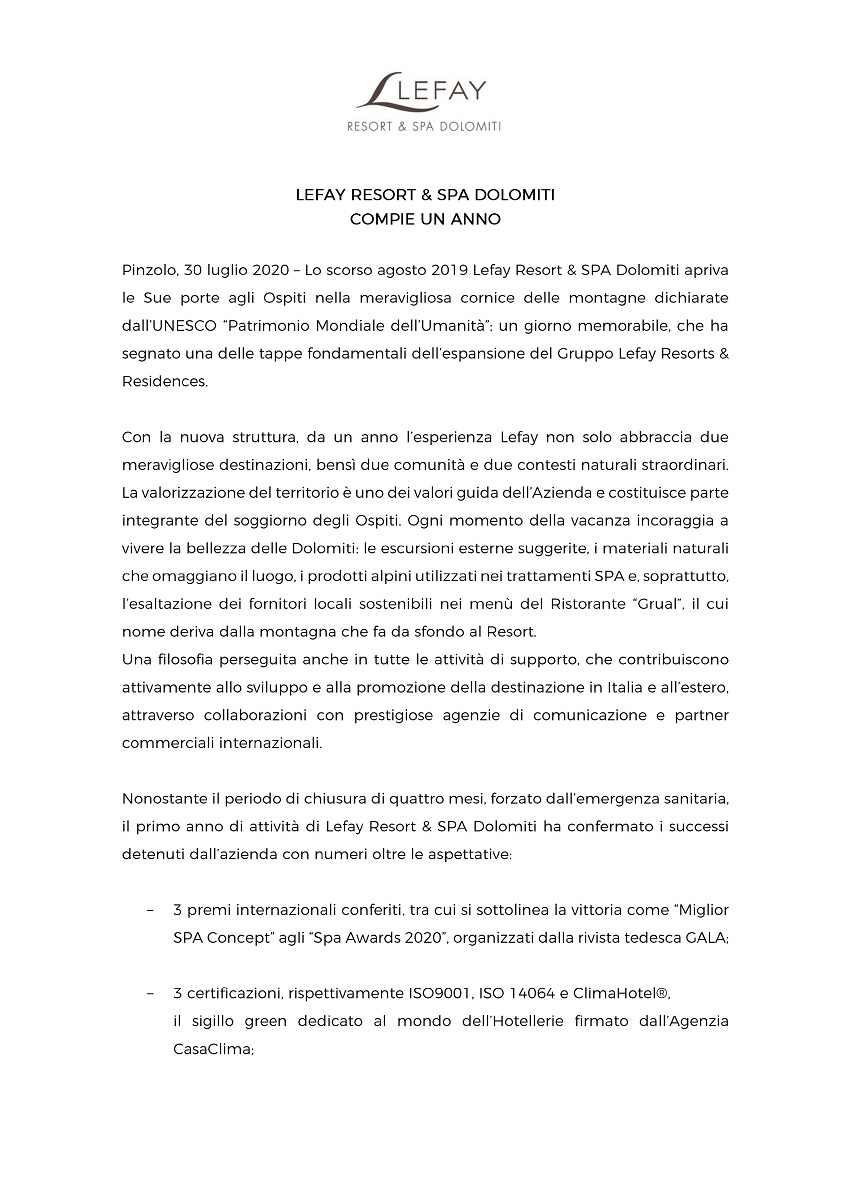 Il primo compleanno per Lefay Resort & SPA Dolomiti…