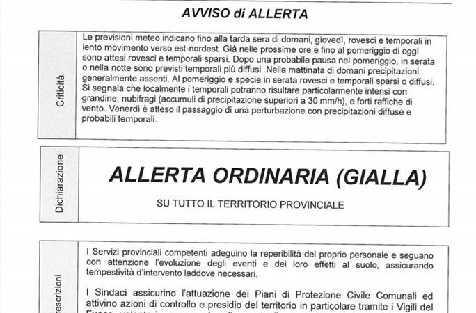 Protezione civile del Trentino: ALLERTA ORDINARIA (GIALLA) PER ROVESCI E TEMPORALI