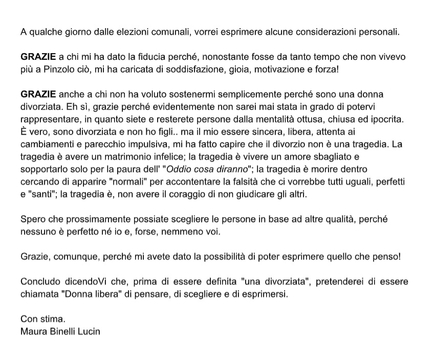 A qualche giorno dalle elezioni comunali, vorrei esprimere alcune considerazioni personali