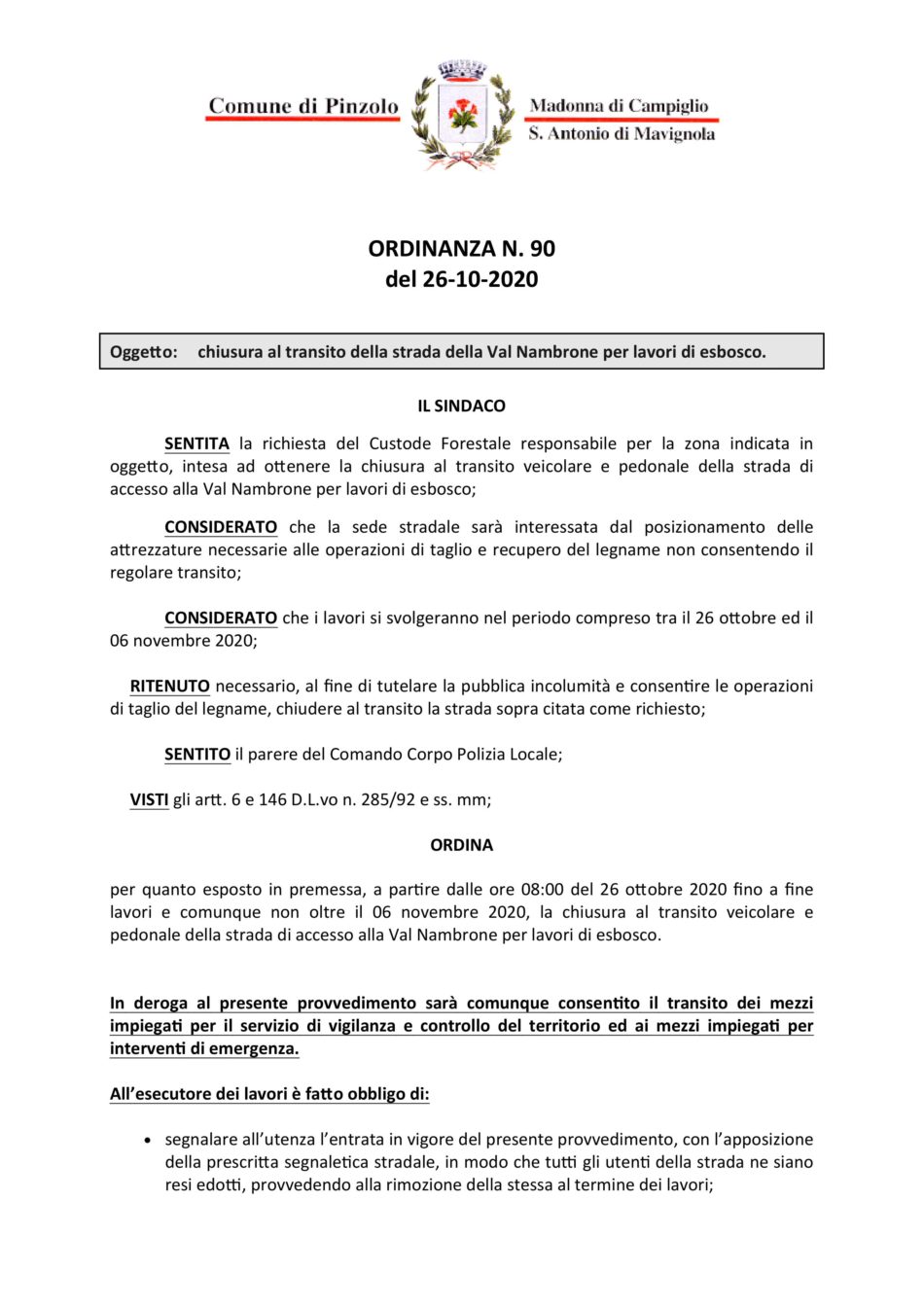 Chiusura al transito della strada della Val Nambrone per lavori di esbosco