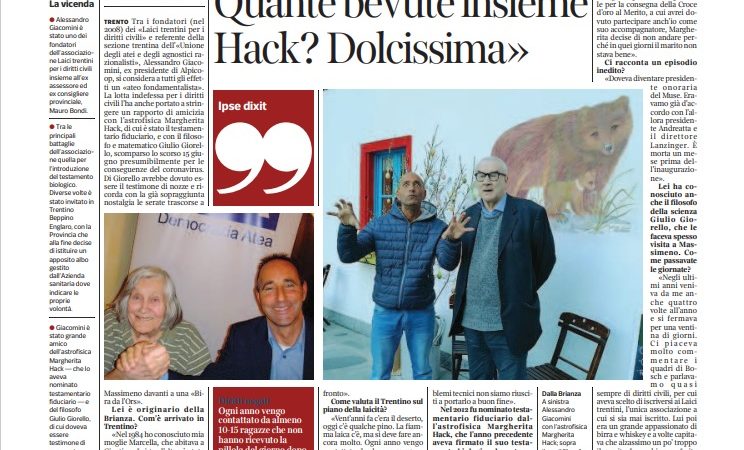 Il Corriere del Trentino dedica una pagina intera ad Alessandro Giacomini