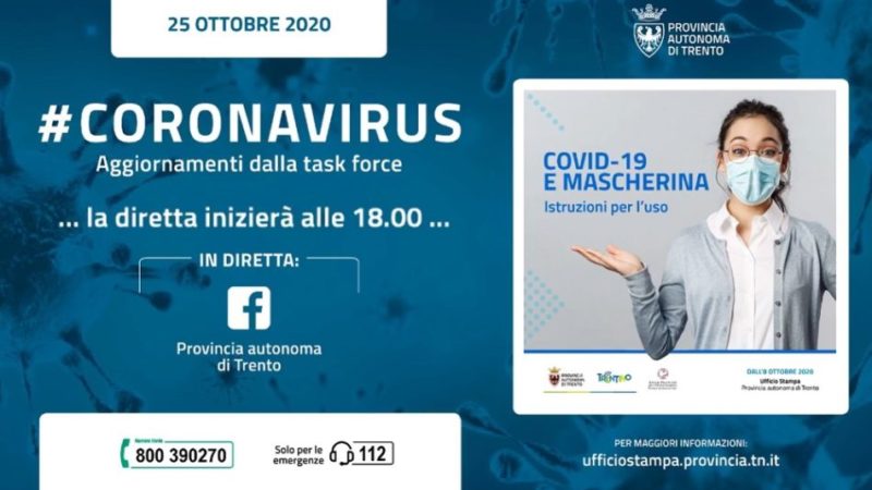 Aggiornamento situazione Coronavirus in Trentino – 25 ottobre 2020: 104 casi positivi, 1 decesso, 1820 tamponi
