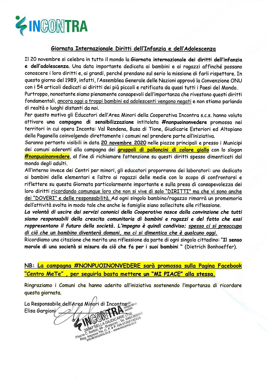 Promozione iniziativa Giornata Internazionale diritti dell'Infanzia e dell'Adolescenza