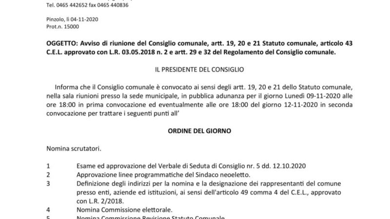 Avviso di riunione del Consiglio Comunale di Pinzolo