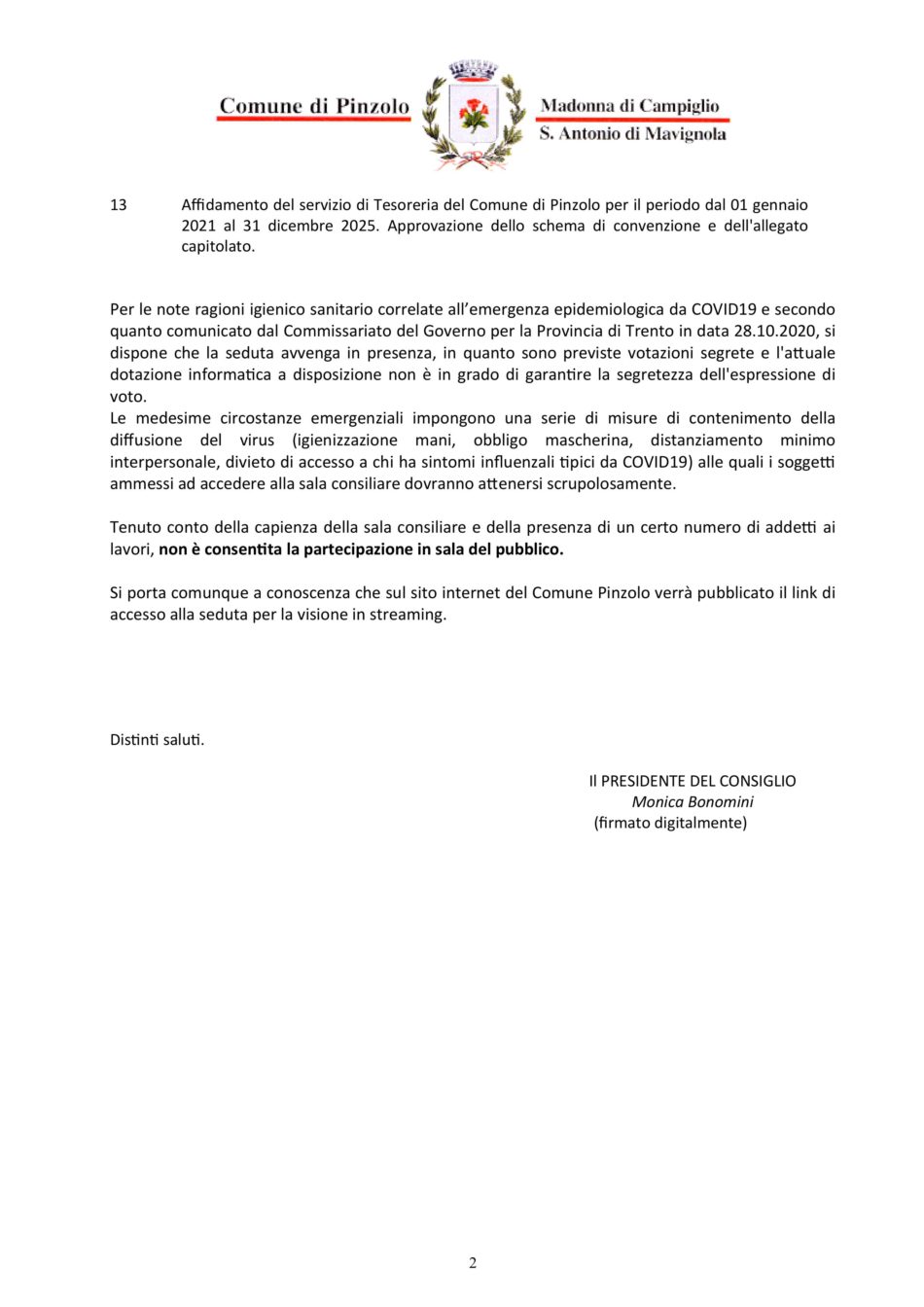Avviso di riunione del Consiglio Comunale di Pinzolo