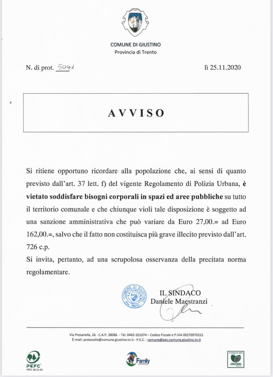 Ecco l’avviso del sindaco di Giustino  che sta facendo discutere un pochino la Comunità