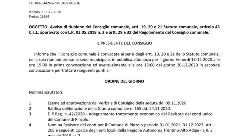 Avviso di riunione del Consiglio comunale di Pinzolo – 18 dicembre 2020