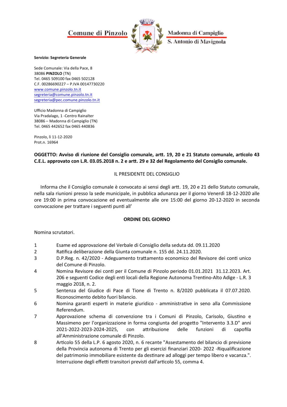 Avviso di riunione del Consiglio comunale di Pinzolo – 18 dicembre 2020