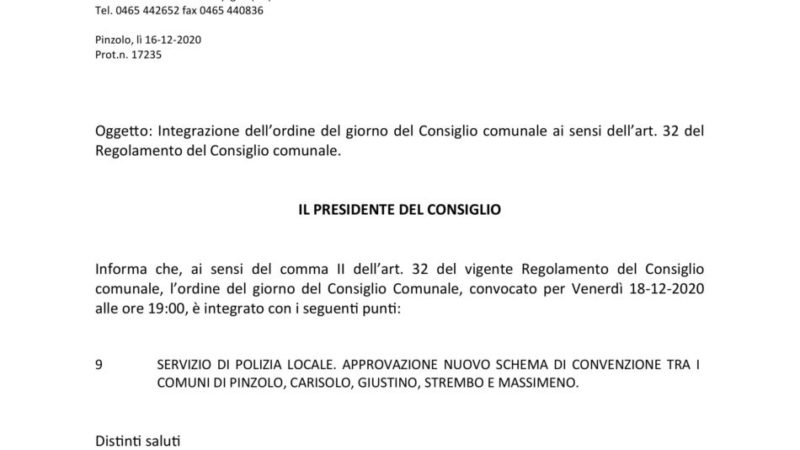 18 dicembre 2020 – Integrazione del Consiglio comunale di Pinzolo