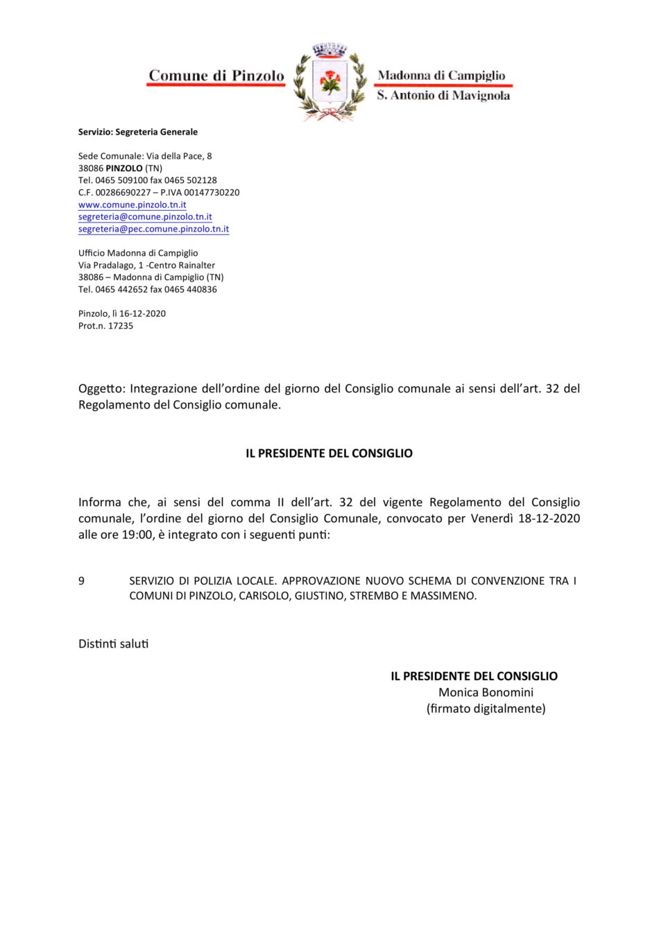 18 dicembre 2020 – Integrazione del Consiglio comunale di Pinzolo