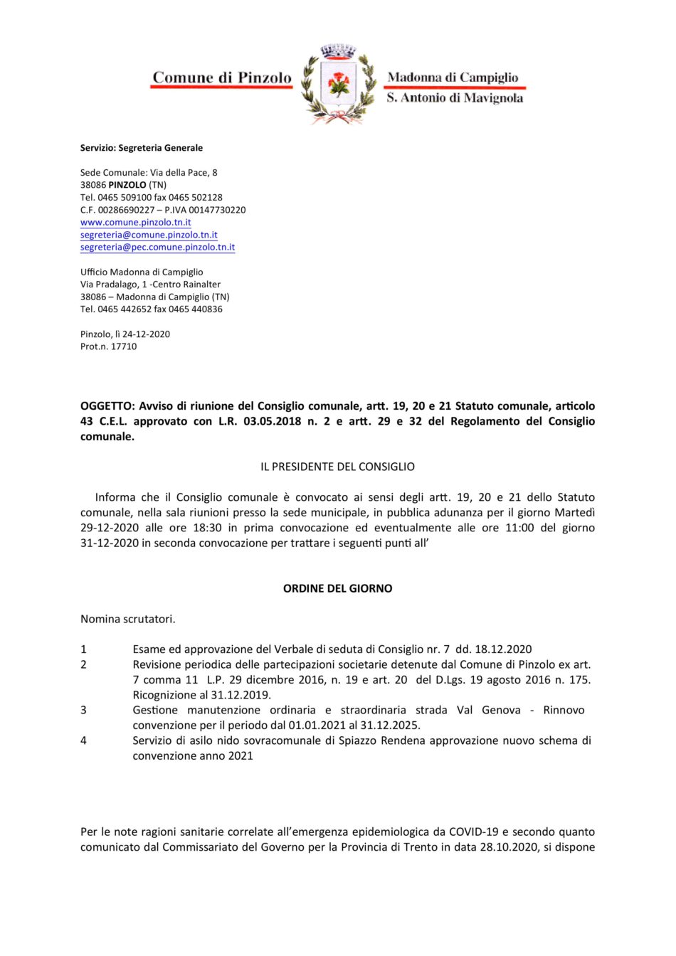 Avviso di riunione del Consiglio comunale di Pinzolo - 29 dicembre 2020