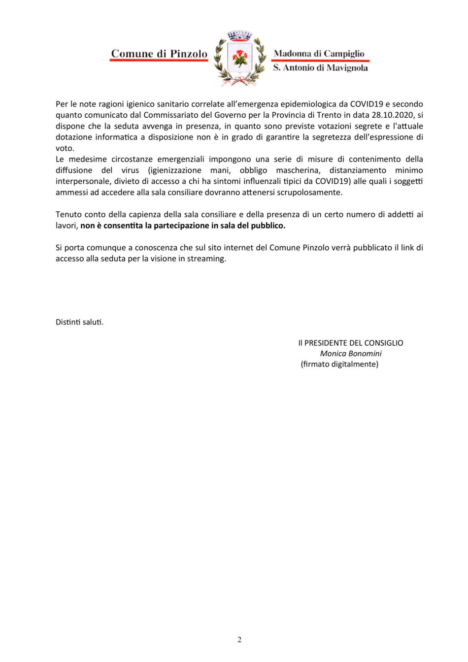 Avviso di riunione del Consiglio comunale di Pinzolo