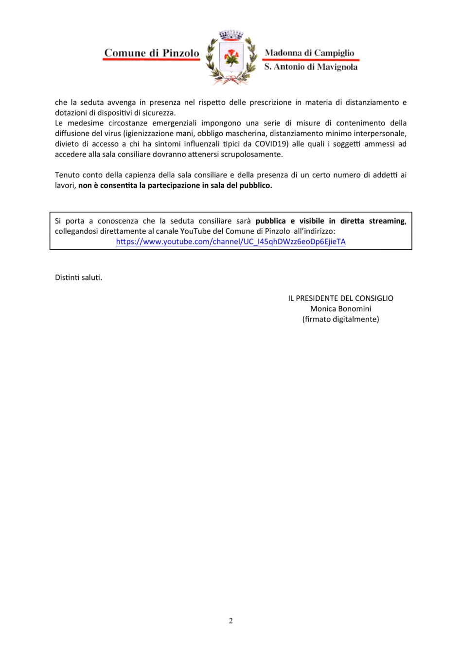 Avviso di riunione del Consiglio comunale di Pinzolo - 29 dicembre 2020