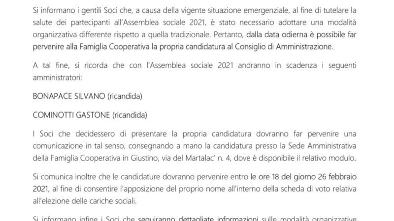 Comunicazione ai soci da parte di Famiglia Cooperativa Pinzolo SC