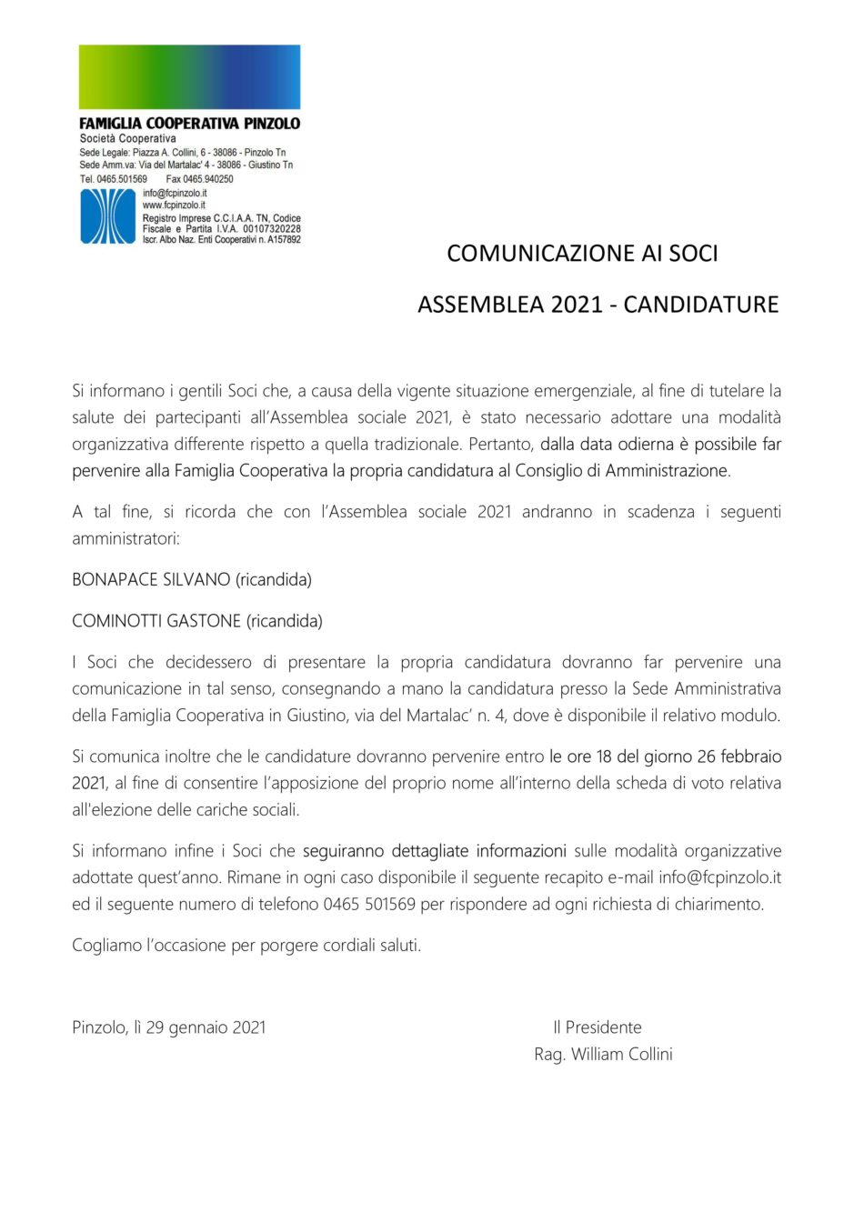 Comunicazione ai soci da parte di Famiglia Cooperativa Pinzolo SC