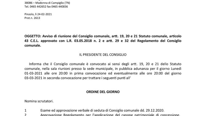 Avviso di riunione del Consiglio comunale di Pinzolo