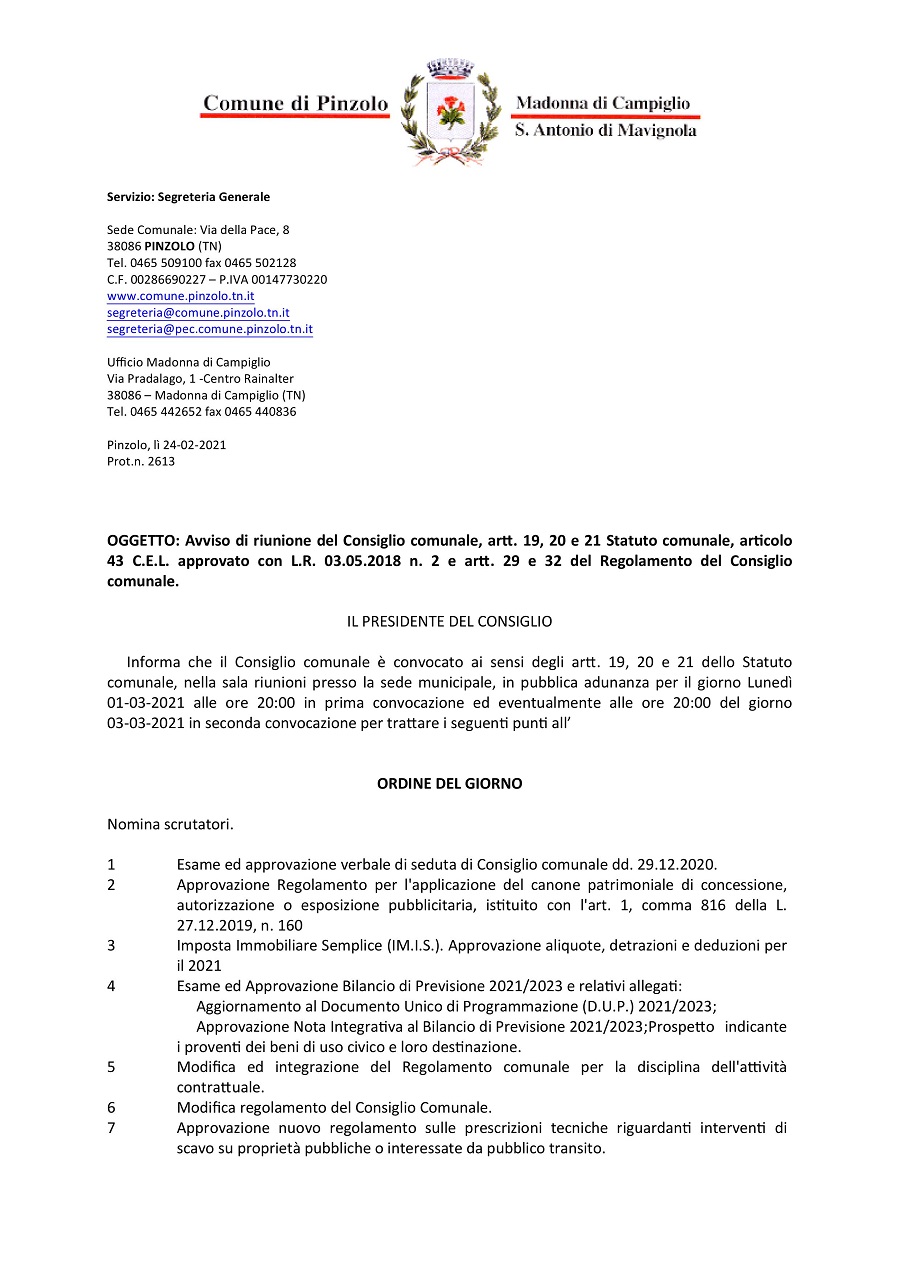 Avviso di riunione del Consiglio comunale di Pinzolo