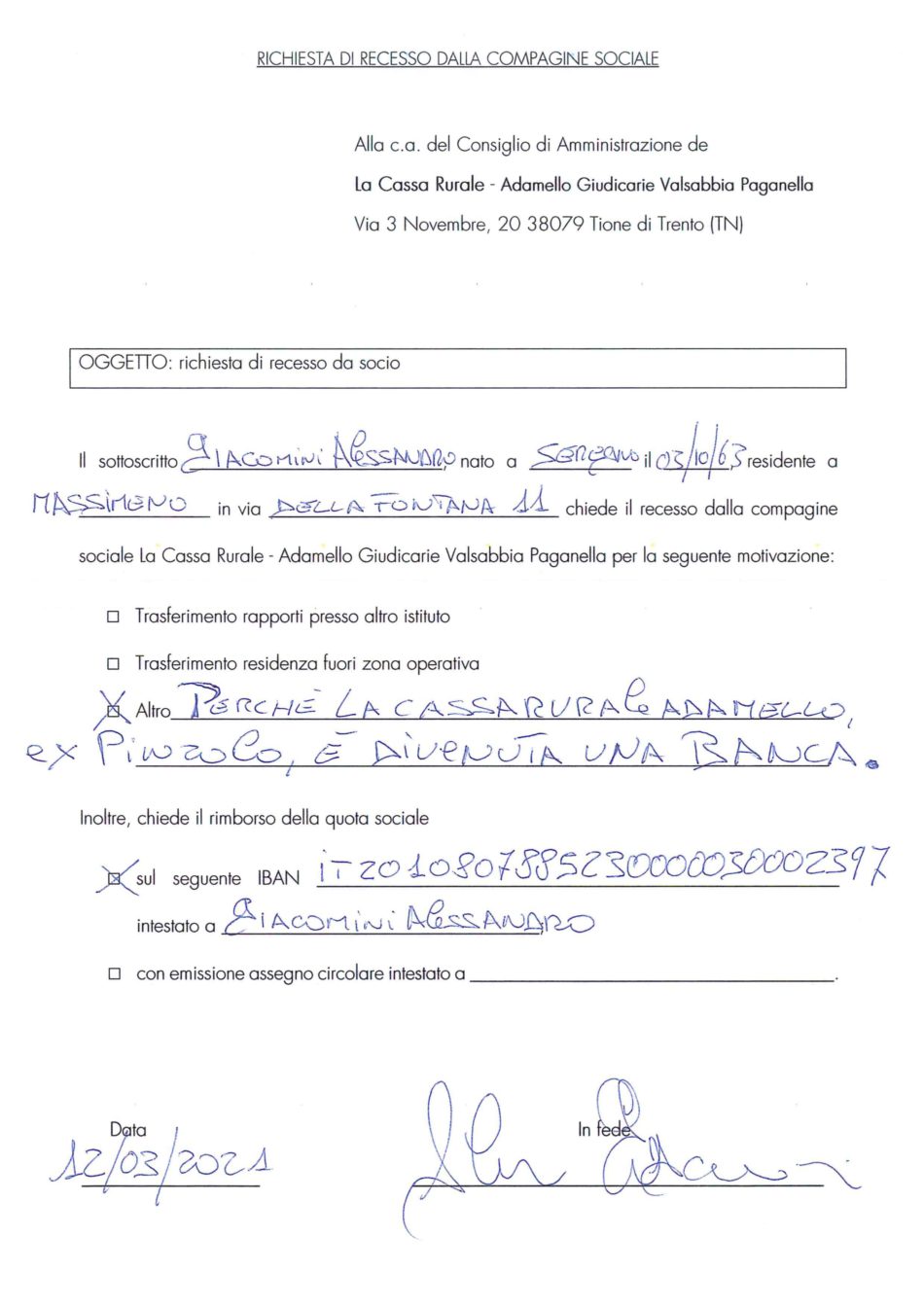 Dimissioni da socio della Banca Adamello - Alessandro Giacomini
