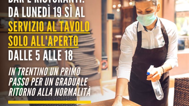 DA LUNEDÌ 19 VIA LIBERA AL SERVIZIO AL TAVOLO SOLO ALL’APERTO PER BAR E RISTORANTI IN TRENTINO