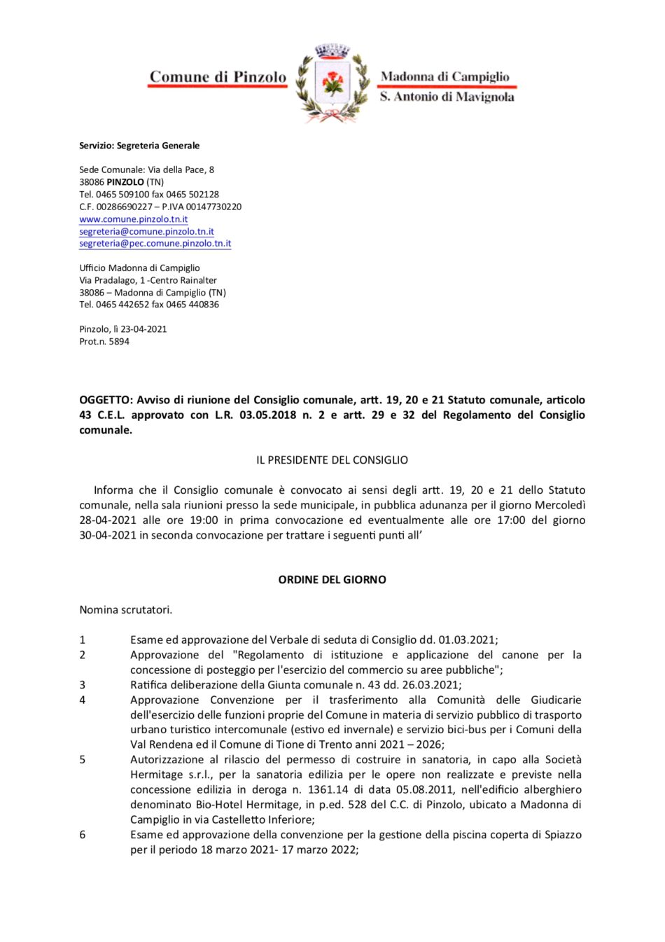 Convocazione del Consiglio comunale del 28 aprile 2021