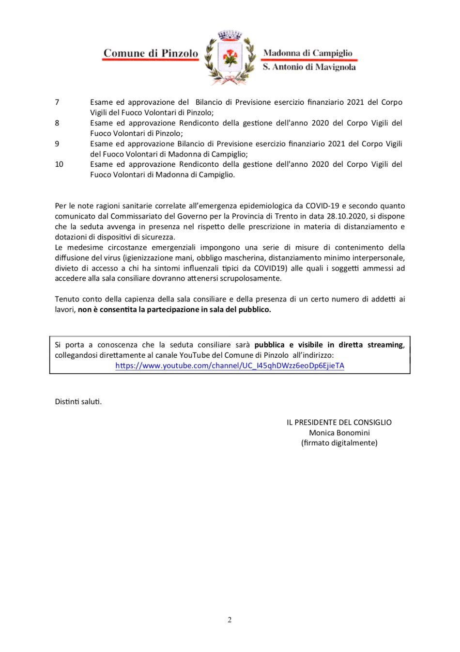 Convocazione del Consiglio comunale del 28 aprile 2021