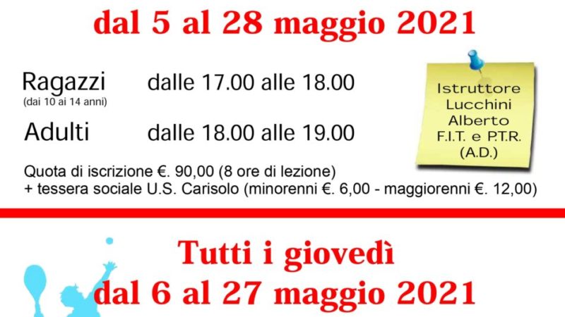 Corsi di tennis organizzati dall’U.S. CARISOLO per il mese di maggio 2021