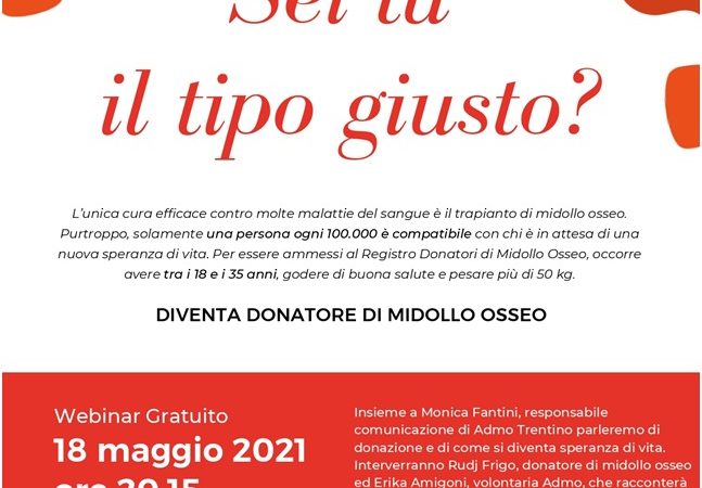Webinar “Sei tu il tipo giusto?” organizzata da ADMO Trentino in collaborazione con i comuni della Val Rendena