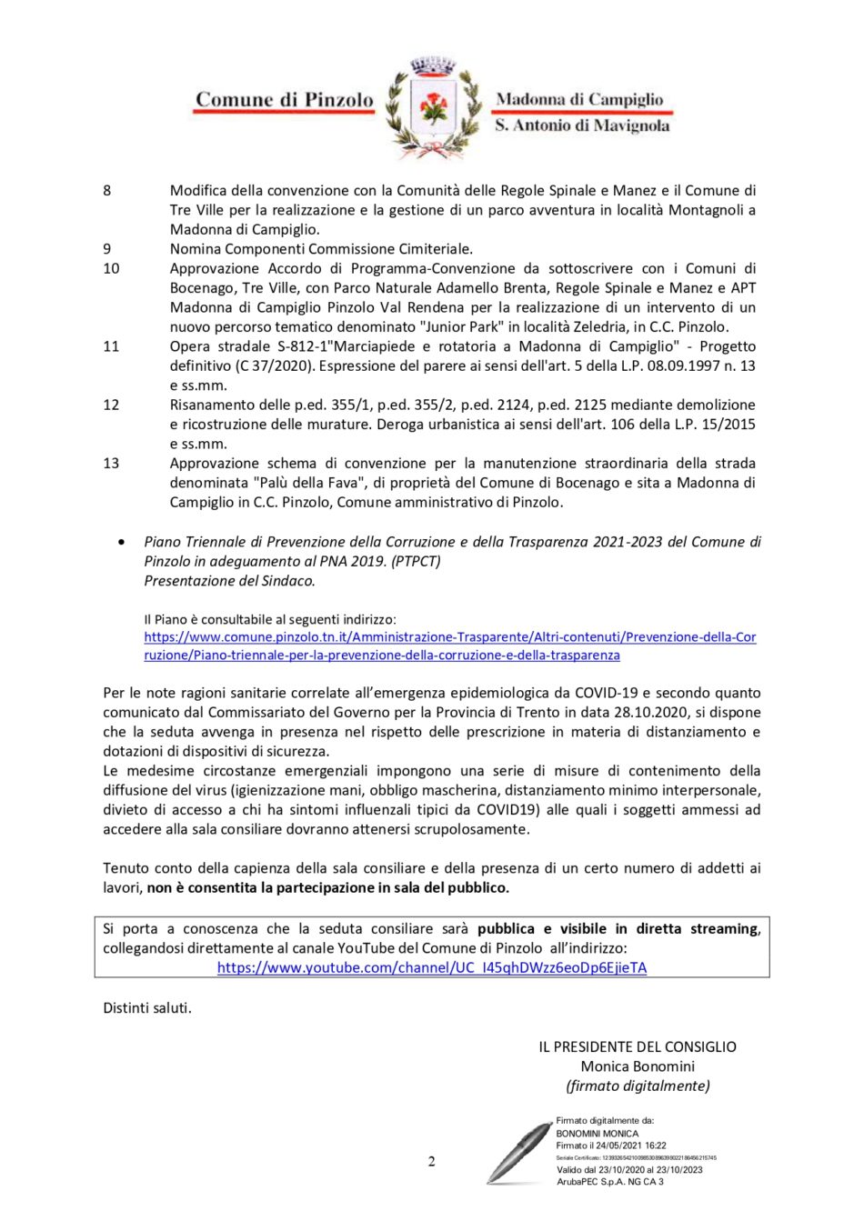 Comune di Pinzolo: Avviso di riunione del Consiglio comunale