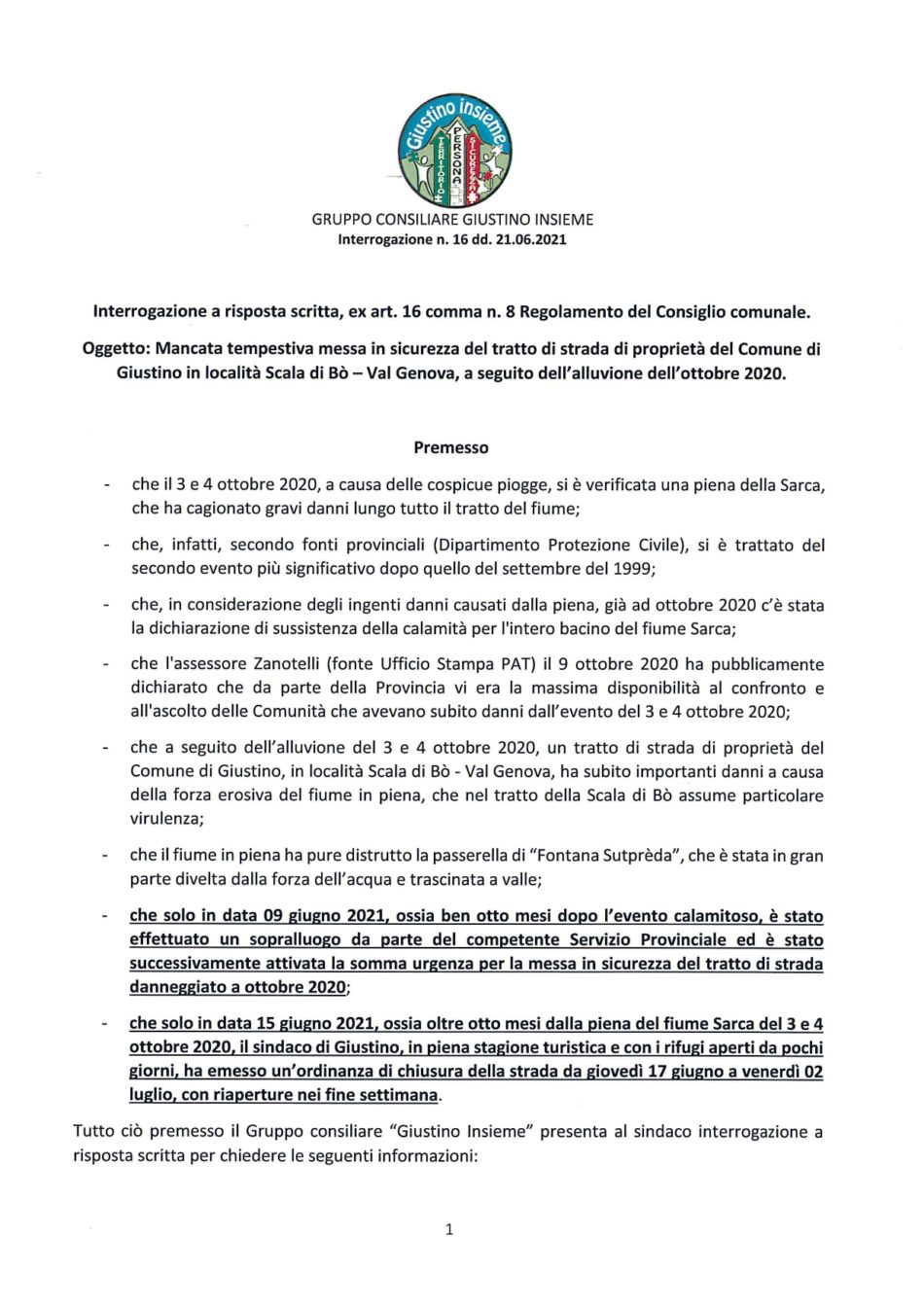 Interrogazione n. 16 dd. 21.06.21