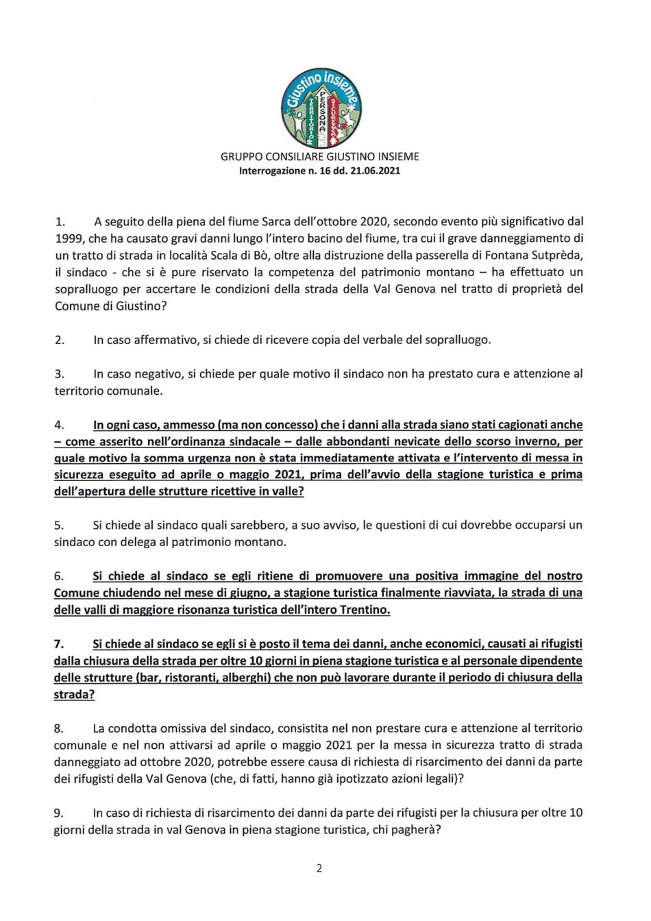 Interrogazione n. 16 dd. 21.06.21
