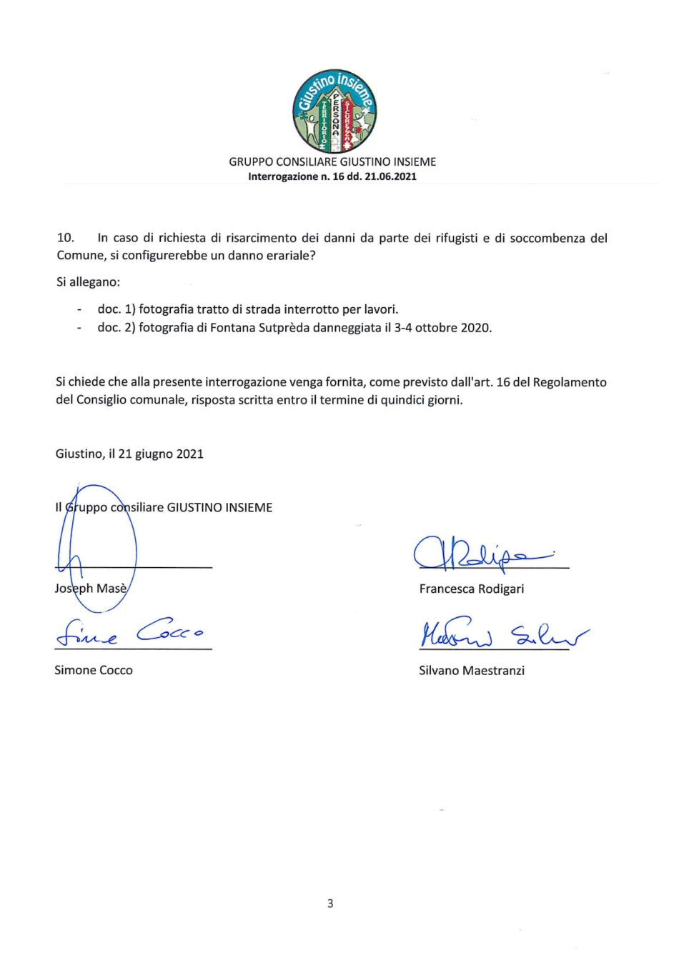 Interrogazione n. 16 dd. 21.06.21