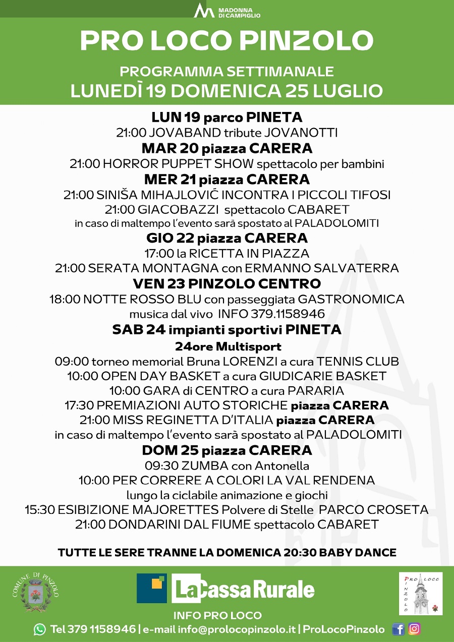 Pro Loco Pinzolo: Programmazione settimanale – Lunedì 19 Domenica 25 luglio 2021