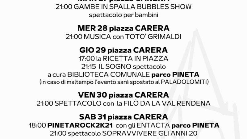 Pro Loco Pinzolo: Programmazione settimanale – Lunedì 26 luglio Domenica 01 agosto 2021