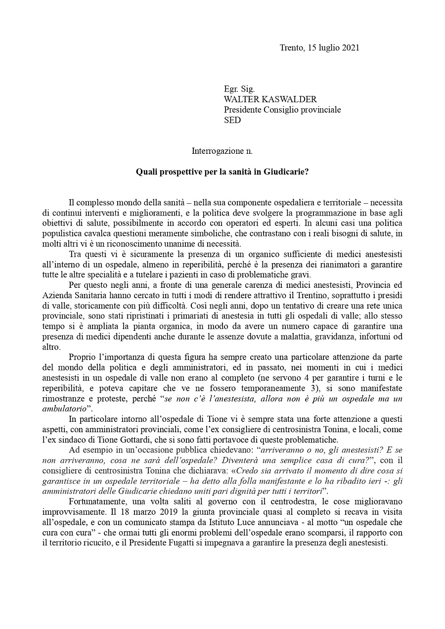 Interrogazione: Quali prospettive per la sanità in Giudicarie?