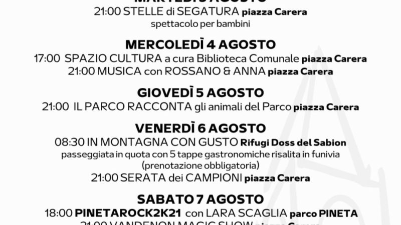 Pro Loco Pinzolo: Programmazione settimanale – Lunedì 02 agosto Domenica 08 agosto 2021