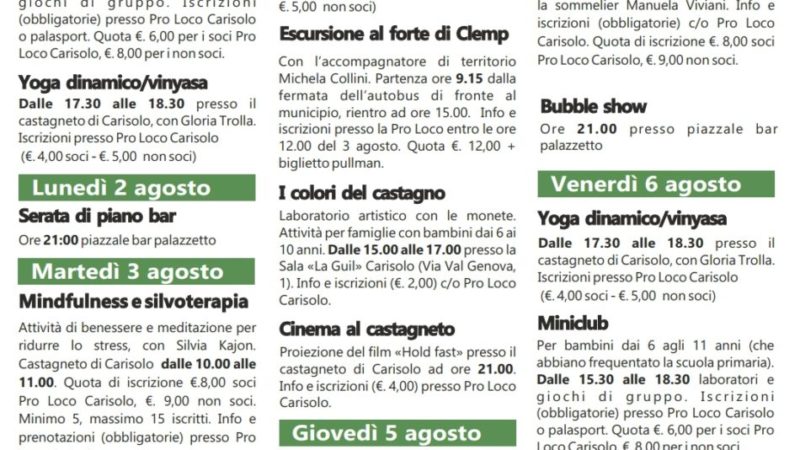 CARISOLO Manifestazioni dal 02 al 07 agosto 2021