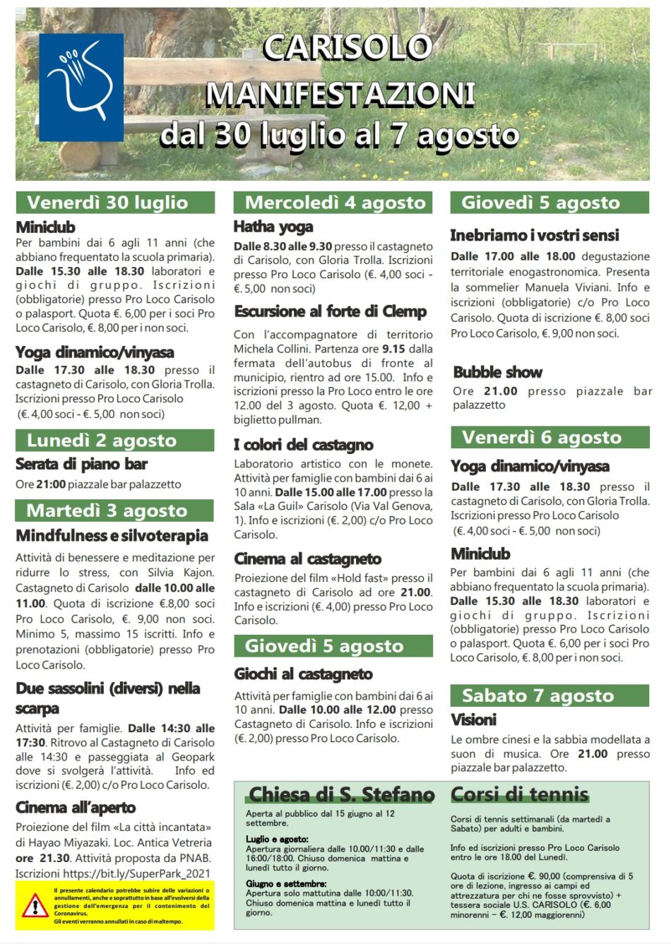 CARISOLO Manifestazioni dal 02 al 07 agosto 2021