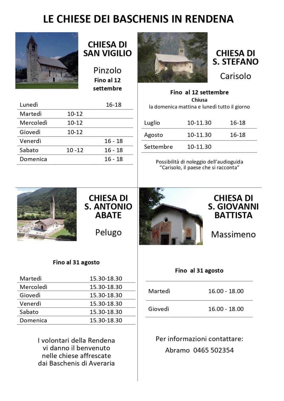 Orari di apertura delle chiese dei Baschenis in Rendena
