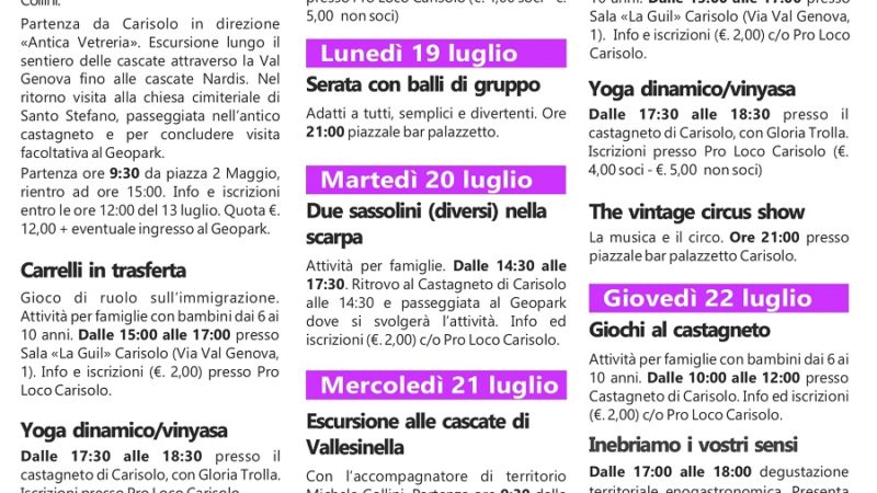 CARISOLO Manifestazioni dal 14 al 22 luglio