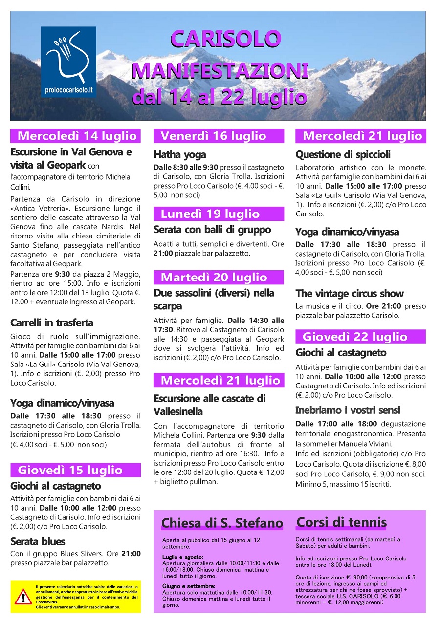 CARISOLO Manifestazioni dal 14 al 22 luglio
