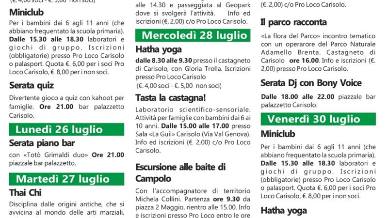 CARISOLO Manifestazioni dal 23 al 30 luglio 2021