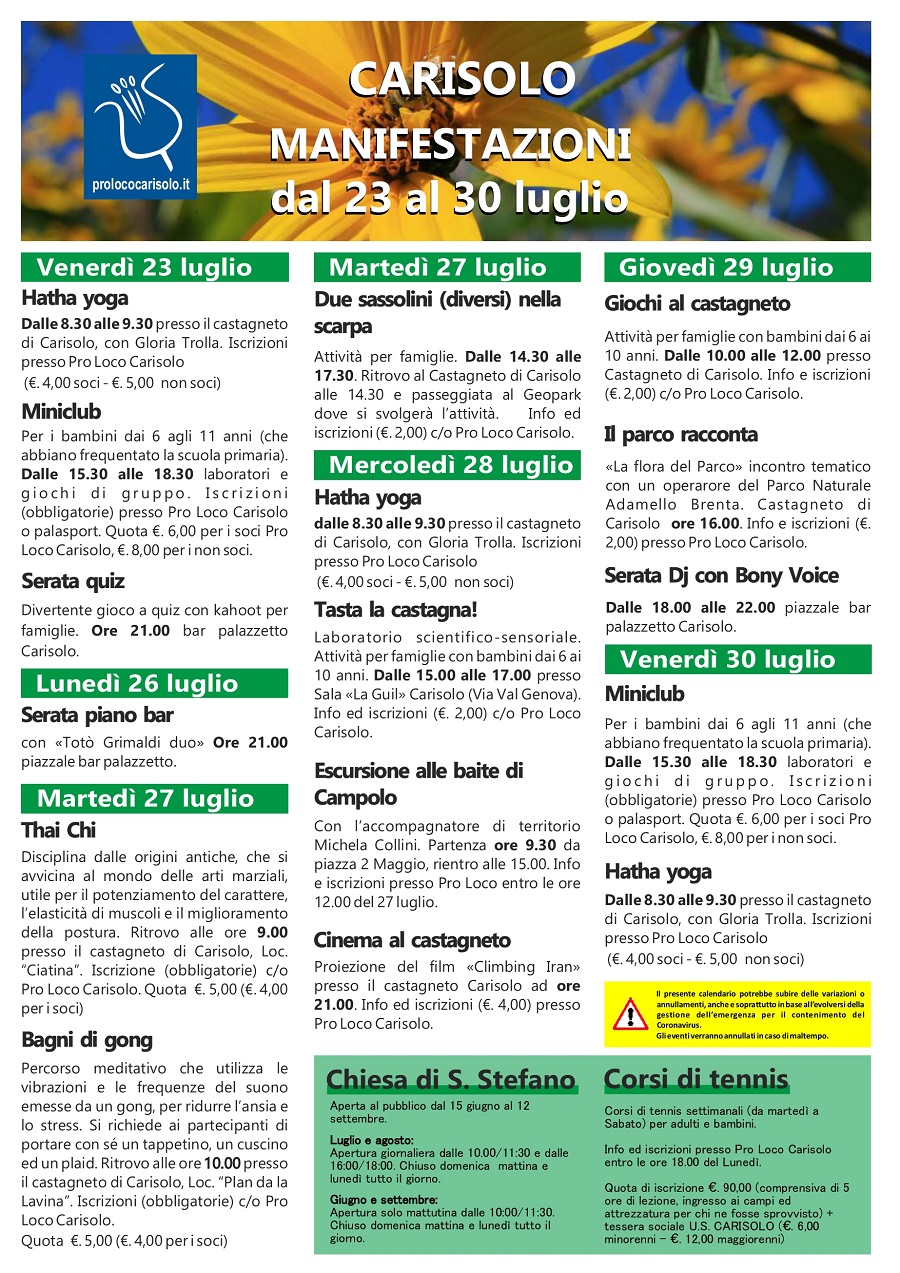 CARISOLO Manifestazioni dal 23 al 30 luglio 2021
