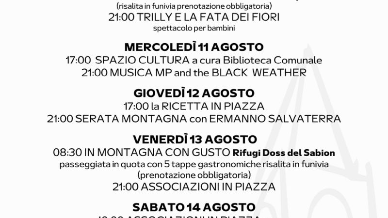 Pro Loco Pinzolo: Programmazione settimanale – Lunedì 09 agosto Domenica 15 agosto 2021